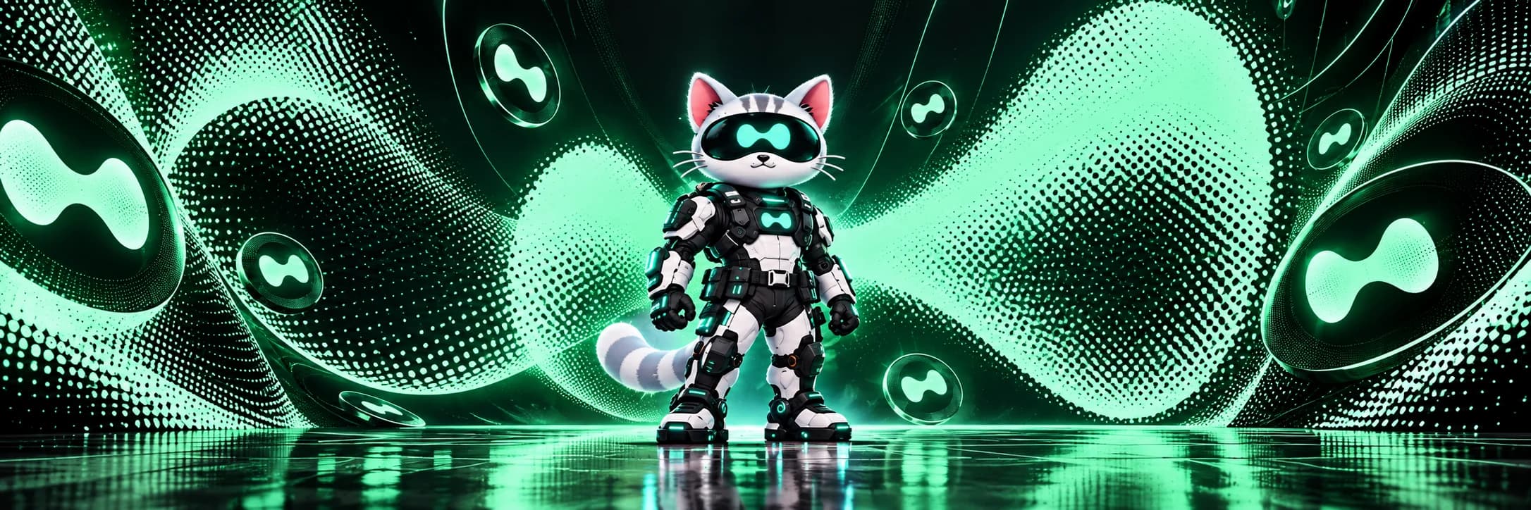 CPU standing among halftone green waves and glass Hyperliquid coins