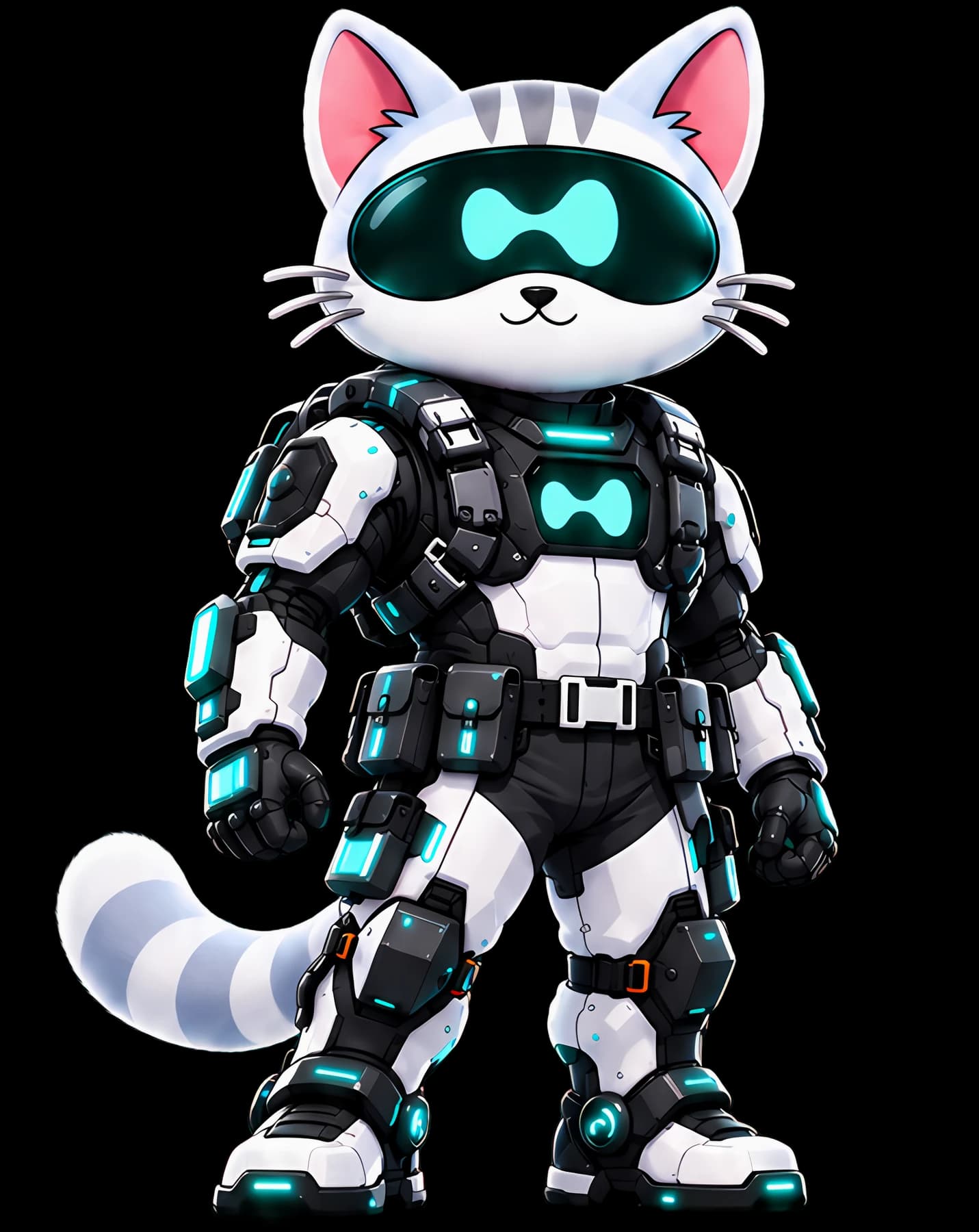 CPU, the Hyperliquid cat, standing in a black-and-white tactical exosuit with a teal-lit Hyperliquid visor